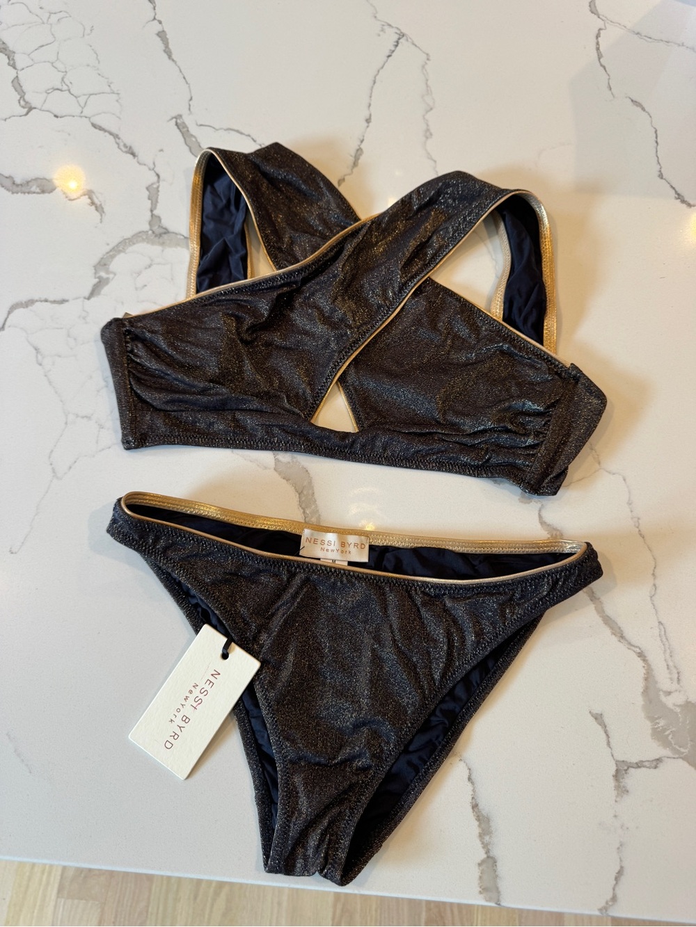 NessByRD Metallic Bronze Cross-Back Bikini Set with Gold Trim